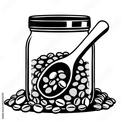 A wooden coffee scoop in a jar of beans