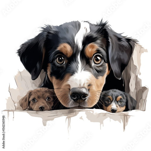 Two cute white purebred young puppies and dogs lying and sitting