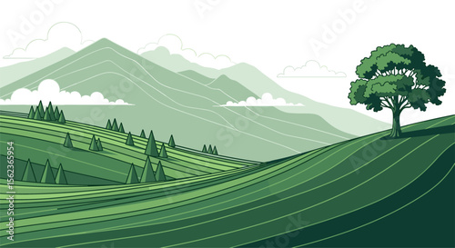 Pixel Art Serene Mountain Landscape with Rolling Green Hills and a Single Tree