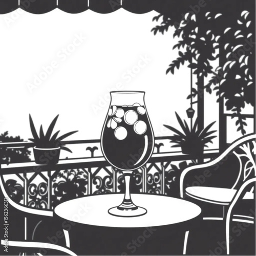 A glass pitcher of sangria on a terrace table
