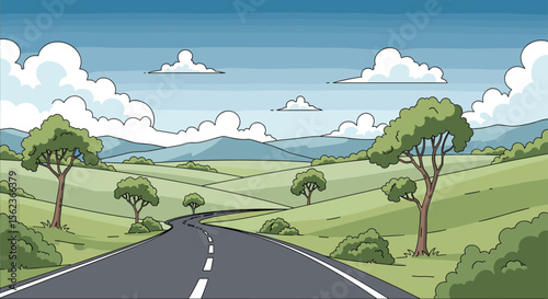 Pixel art journey through rolling green hills under a cloudy sky