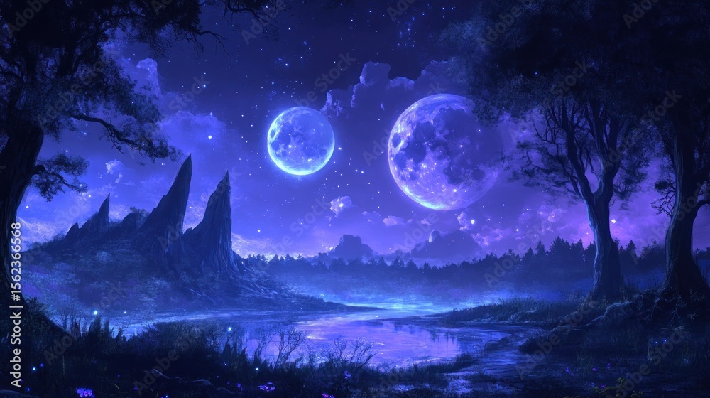 Fototapeta premium Mystical night landscape with two moons