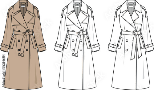 Stylish trench coat fashion illustration, CAD flat sketch vector template, long outerwear coat technical drawing, modern fashion design sketch
