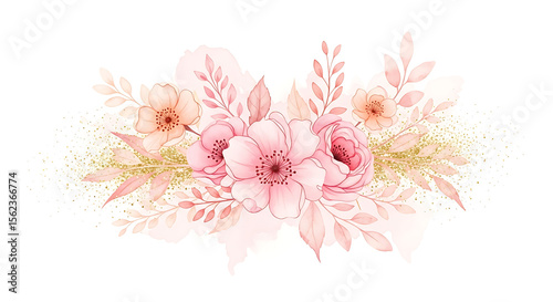 Elegant Watercolor Floral Arrangement Peach, Pink, and Gold Botanical Design