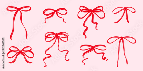 Vintage Coquette Bows in Hand-Drawn Whimsical Style Ribbon Set, Cute Flirtatious Bows Clipart Collection