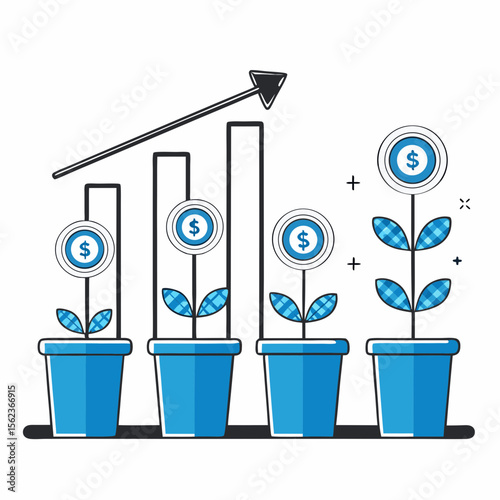 Financial Investment and Growth Strategy with Money Plants and Upward Chart Vector Illustration

