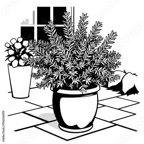 A potted rosemary bush on a patio