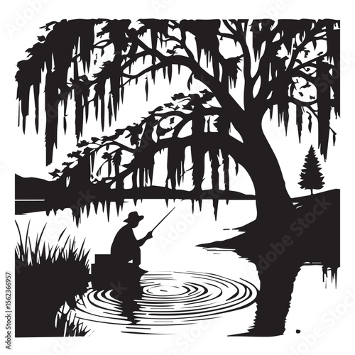 Silhouette of a fisherman casting a line under a moss draped tree by a lake