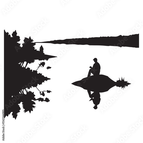 Lone person sits on a rock in the water reading a book with reflection and trees