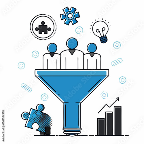 Team Recruitment and Business Growth Funnel with Idea and Strategy Elements Vector Illustration

