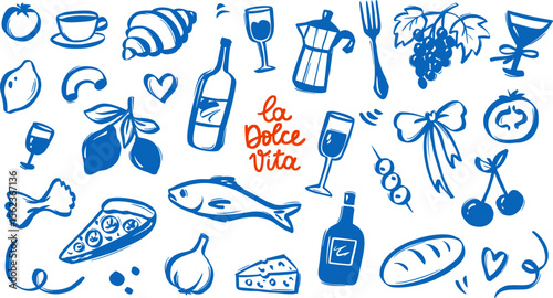 Whimsical Italian Food Doodle with Vintage Summer Vibe. Pasta on a Plate, Wine Bottle and Pizza Slices