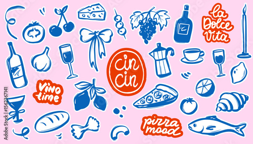 Whimsical Italian Food Doodle with Vintage Summer Vibe. Pasta on a Plate, Wine Bottle and Pizza Slices