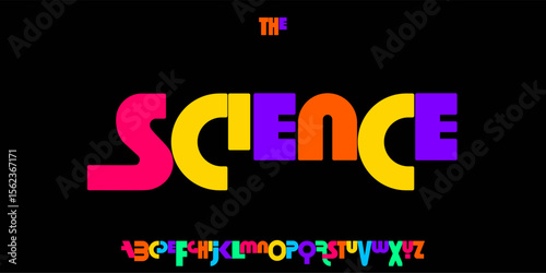 Science education font, futuristic cartoon funky alphabet for scientific stem headline, childish educational logo, children book typography, fun joyful typographic design. Modern vector typeset