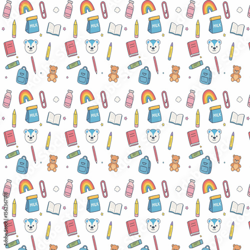 A seamless pattern featuring cute school-related doodles including teddy bears, milk cartons, pencils, backpacks, books, rainbows, and cartoon faces on a white background.