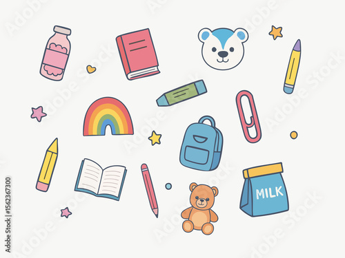 A playful flat-style illustration of school supplies and cute elements scattered on a light beige background, including a teddy bear, pencils, books, backpack, milk carton, rainbow, paperclip, stars, 