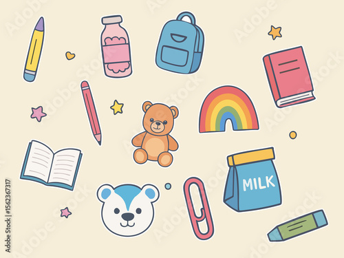 A playful flat-style illustration of school supplies and cute elements scattered on a light beige background, including a teddy bear, pencils, books, backpack, milk carton, rainbow, paperclip, stars, 