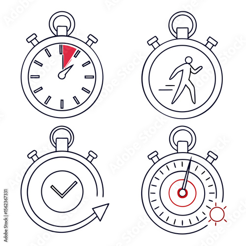 Four stylized stopwatch icons representing time running completion and a target with a sunburst indicating a deadline or achievement