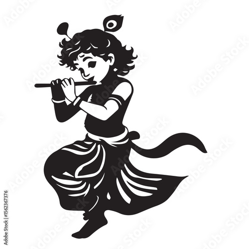 Stylized black silhouette of lord krishna playing a flute with a peacock feather
