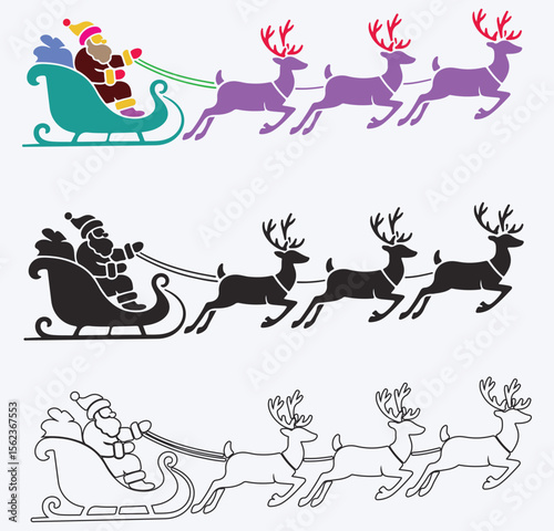 Santa Claus Sleigh and Reindeer Silhouettes in Color Black and White
