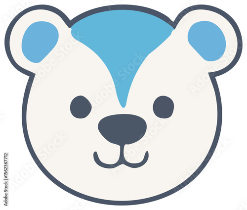 A flat-style cartoon illustration of a smiling polar bear face with blue ear accents and a blue patch on its forehead.