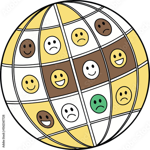 Global Emotions Yellow Brown White Gridded Sphere Diverse Smiley Faces Happy Sad