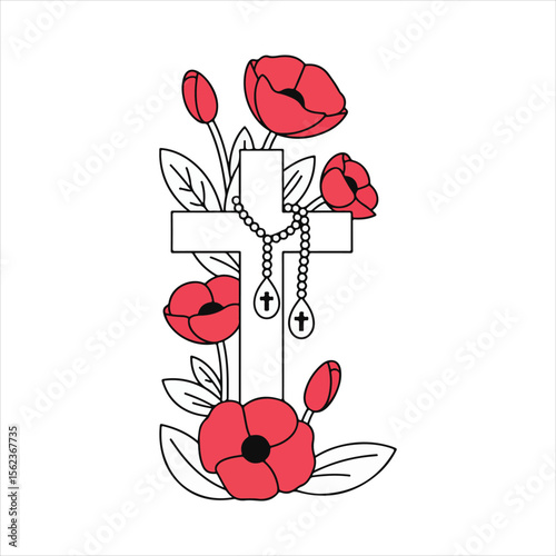 Red Poppies and Cross with Rosary Vector Illustration