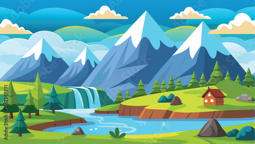Cartoon Landscape SnowCapped Mountains, Waterfall, River, Pines, Cabin, Clouds, Blue Sky