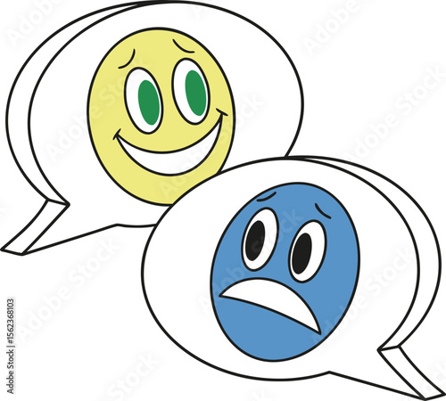 Two Cartoon Emojis in Speech Bubbles Yellow Happy Face Blue Sad Face emoticon