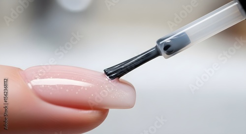 Applying shimmering pink nail polish with a brush, close-up view.