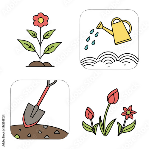A charming collection of four flat design illustrations depicting various aspects of gardening and plant care including a blooming flower watering can shovel and budding tulips