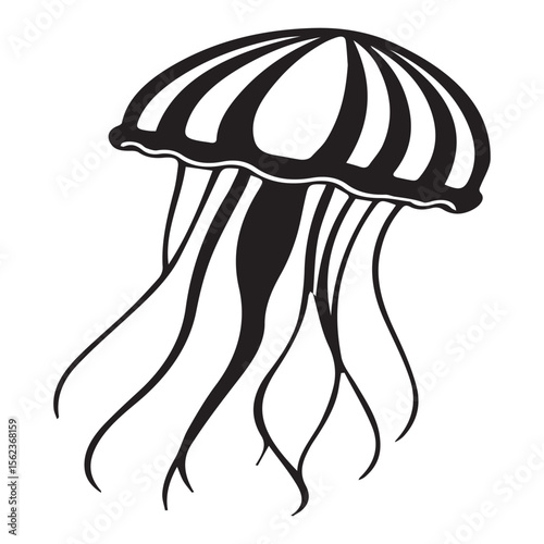 Stylized black and white jellyfish illustration with flowing tentacles