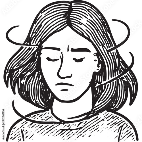 Artistic sketch of a woman with swirling head, perfect for confusion art and mental health design projects