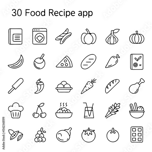 Collection of 30 food and recipe icons for a mobile application or website featuring fruits vegetables and prepared dishes