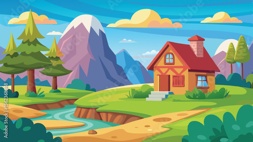Cartoon Landscape Cottage with River, Mountains, Trees, and Blue Sky Illustration