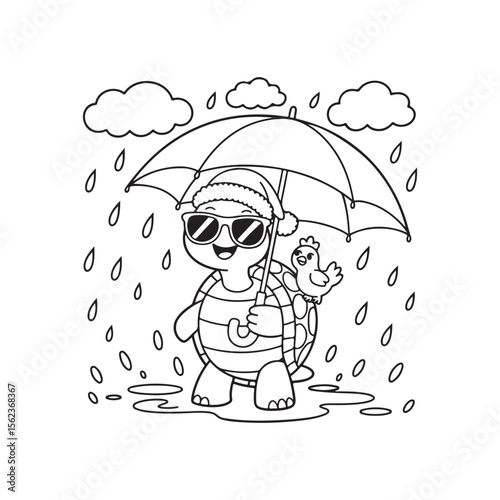 Turtle with Sunglasses and Bird Under Umbrella in Rain Vector Illustration