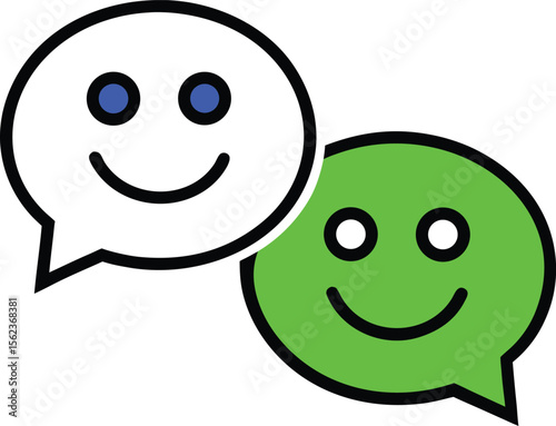 Two Smiling Speech Bubbles White Green Blue Happy Emoticons Communication Icons smile