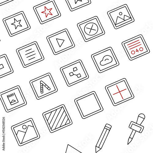 A collection of simple modern line art icons representing various digital functions and creative tools with a few highlighted in red on a clean white background