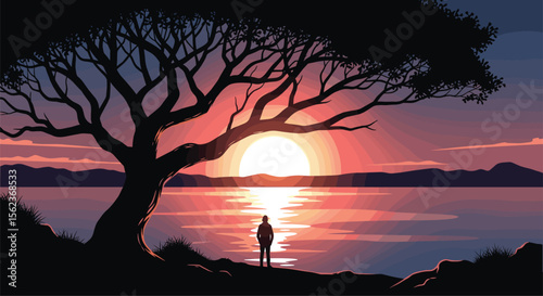 Pixel Art Sunset Over Tranquil Waters with Lone Figure