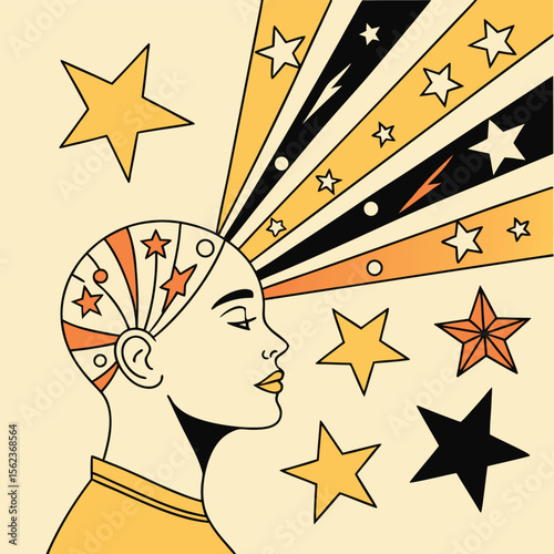 Woman Profile Retro Style Stars Orange Yellow Black Cream Rays Head vector