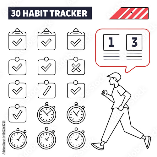 30 day habit tracker with checkmarks stopwatch icons and runner illustration for goal setting and productivity