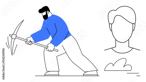 Individual mining with a pickaxe symbolizing effort and perseverance, paired with a head profile outline. Ideal for teamwork, growth, identity, labor, profile management, motivation, simple landing