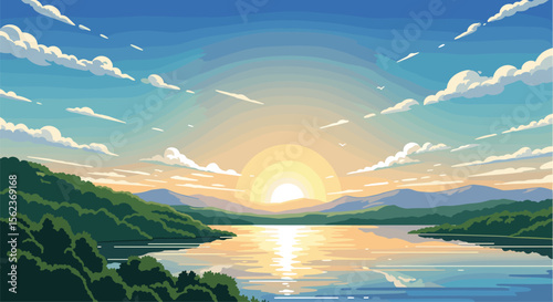 Pixel Art Serene Lakeside Sunrise Over Majestic Mountains
