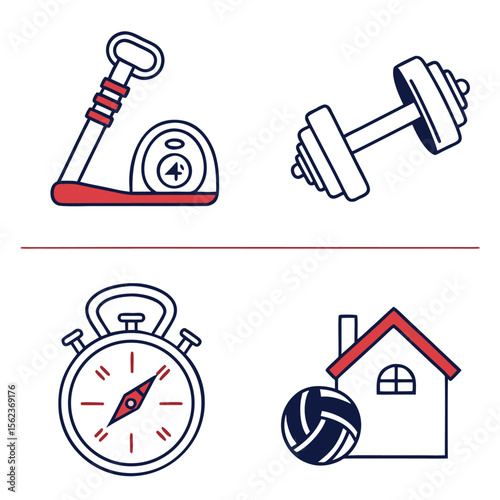 Collection of four simple flat design icons representing fitness and sports activities including a stationary bike dumbbell stopwatch and a house with a volleyball