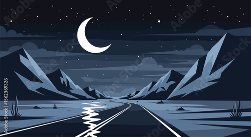 Pixel Art Desert Highway Under a Crescent Moon