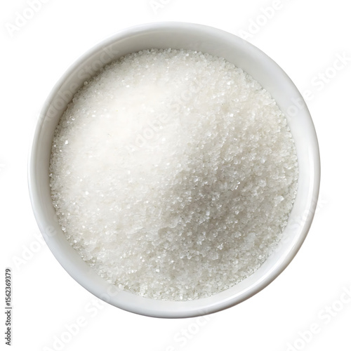 Top view of a white bowl filled with coarse granulated sugar isolated on transparent background