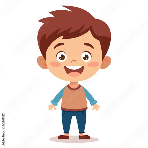 very happy boy, smiling brunette boy, cheerful teen boy, happy teenager, light skin boy, full body boy, full-length boy, standing teen, cartoon teen boy, young male character, white background, flat d