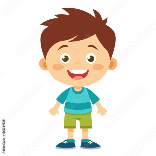 very happy boy, smiling brunette boy, cheerful teen boy, happy teenager, light skin boy, full body boy, full-length boy, standing teen, cartoon teen boy, young male character, white background, flat d