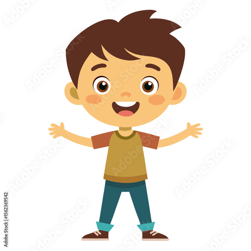 very happy boy, smiling brunette boy, cheerful teen boy, happy teenager, light skin boy, full body boy, full-length boy, standing teen, cartoon teen boy, young male character, white background, flat d