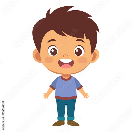 very happy boy, smiling brunette boy, cheerful teen boy, happy teenager, light skin boy, full body boy, full-length boy, standing teen, cartoon teen boy, young male character, white background, flat d