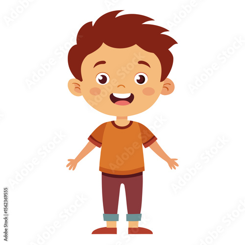 very happy boy, smiling brunette boy, cheerful teen boy, happy teenager, light skin boy, full body boy, full-length boy, standing teen, cartoon teen boy, young male character, white background, flat d